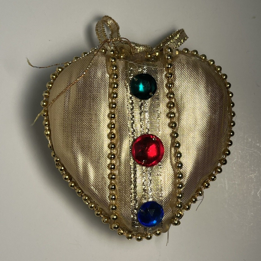 Vintage Christmas Ornament Gold Fabric Heart With Plastic Jewels Beading Holiday